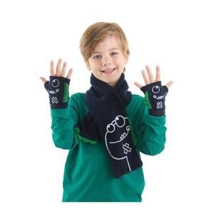 Denokids Crisp Dinosaur Navy Blue Fleece Scarf Fingerless Gloves Set