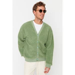 Trendyol Green Men's Relaxed Fit/Comfortable-cut V-Neck Buttoned Plush Thick Cardigan