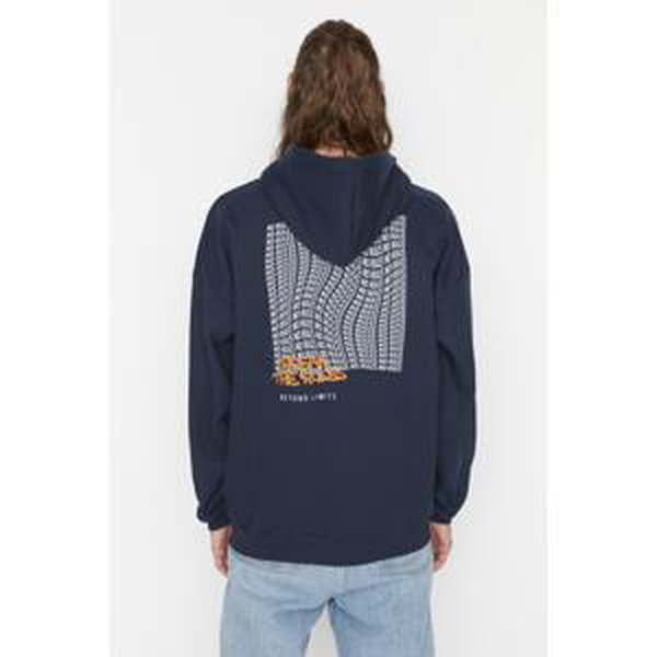 Trendyol Navy Blue Men's Oversize Text Printed Sweater with Soft Pillows and Cotton inside