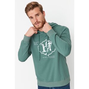 Trendyol Mint Men's Regular Fit Hoodie with Slogan Printed Sweatshirt