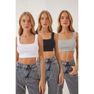 Happiness İstanbul Women's Gray Black White 3-Pack Halter Crop Knitted Blouse