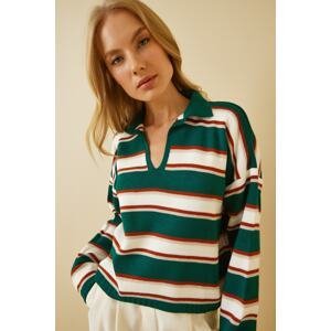Happiness İstanbul Women's Vibrant Green Polo Neck Striped Crop Knitwear Sweater