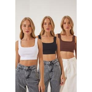 Happiness İstanbul Women's Black Brown White 3 Pack Strap Crop Knitted Blouse