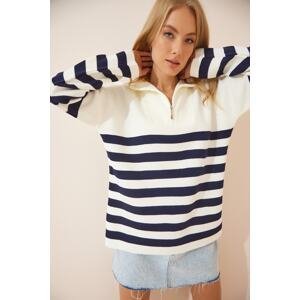 Happiness İstanbul Women's Navy Blue White Zippered Stand-up Collar Striped Oversized Knitwear Sweater BV0009