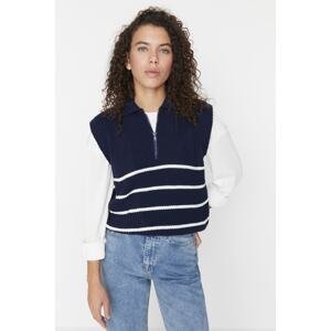 Trendyol Navy Blue Zipper Striped Knitwear Sweater