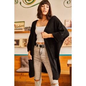 Olalook Women's Black Loose Folded Sleeves Knitwear Cardigan with Pocket