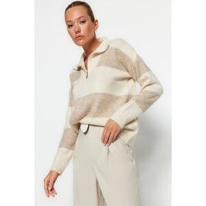 Trendyol Beige Soft Textured High Neck Zipper Knitwear Sweater