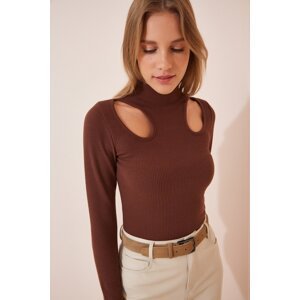 Happiness İstanbul Women's Brown Cut Out Detailed Crop Corduroy Knitted Blouse