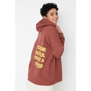 Trendyol Brown Thick Fleece Interior Printed Back Oversized/Wide Knitted Sweatshirt