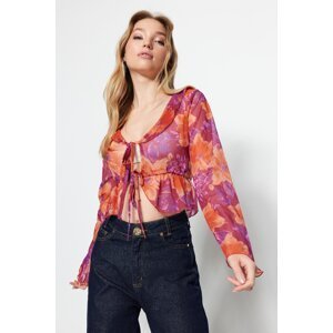 Trendyol Pink Floral Pattern Lace-Up and Ruffle Detailed Crop, Stretchy Tulle Knitted Blouse