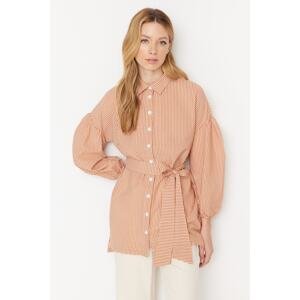 Trendyol Orange Striped Belted Balloon Back of the Sleeves Long Woven Shirt
