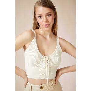 Happiness İstanbul Women's Cream Zigzag Drawstring Tricot Crop Top