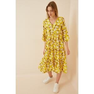 Happiness İstanbul Women's Yellow White Floral Long Viscose Dress