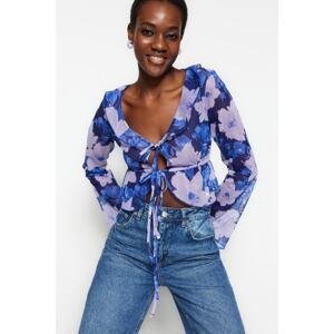 Trendyol Blue Floral Pattern Lace-Up and Ruffle Detailed Crop, Stretchy Tulle Knitted Blouse