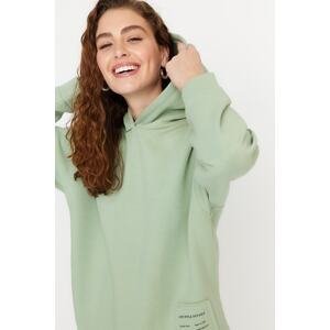 Trendyol Mint Thick Fleece Inner Printed Relaxed/Comfortable fit with a Hooded Knitted Sweatshirt