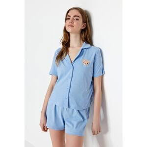 Trendyol Blue Cotton Teddy Bear Embroidered Shirt-Shorts Knitted Pajamas Set