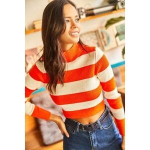 Olalook Women's Orange Turtleneck Striped Waist Top Knitwear Sweater