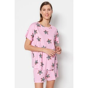 Trendyol Pink 100% Cotton Star Printed T-shirt-Shorts Knitted Pajama Set