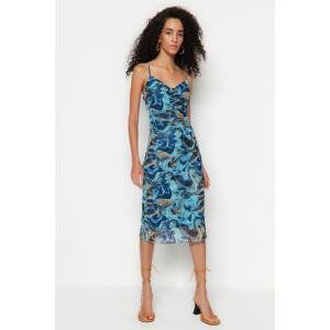 Trendyol Blue Patterned Pleated Tulle Knitted Dress