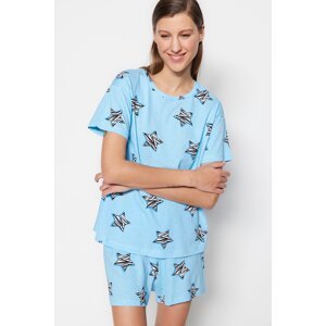 Trendyol Blue 100% Cotton Star Printed T-shirt-Shorts Knitted Pajama Set