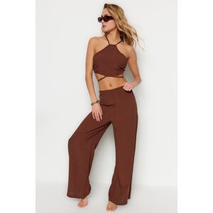 Trendyol Brown Woven Tie Blouse and Pants Suit