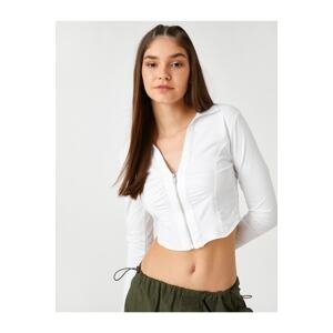 Koton Crop Poplin Shirt with Zipper Front Long Sleeve, Cuff Collar