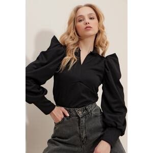 Trend Alaçatı Stili Women's Black Full Collar Princess Sleeve Woven Crop Blouse
