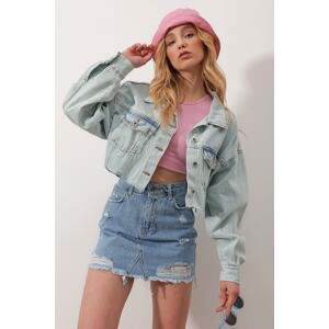 Trend Alaçatı Stili Dámské Modré Dvojitá Kapsa Laser Cut Crop Jean Jacket