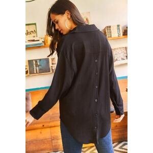 Olalook Women's Black Textured Oversized Shirt with Buttons at the Back