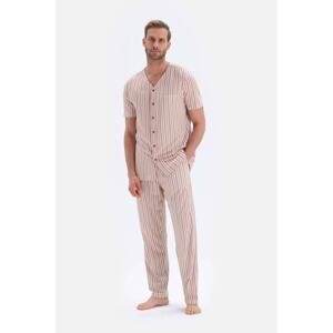 Dagi Ecru V-Neck Striped Short Sleeve Cotton Pajama Set