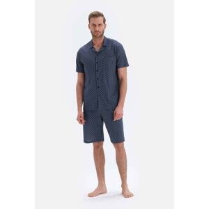 Dagi Navy Blue Meter Printed Shirt Collar Shorts Knitted Pajamas Set