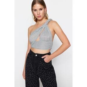 Trendyol Silver Crop Lined Knitted Shimmer Window/Cut Out Detailed Blouse