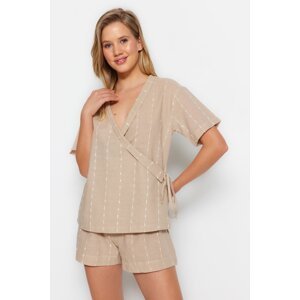 Trendyol Beige 100% Cotton Striped Wide Fit Woven Pajama Set