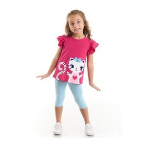 Denokids Frilled White Kitten Girl's Pink T-shirt, Blue Leggings Set.