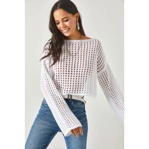 Olalook Women's White Spanish Sleeve Openwork Crop Sweater Blouse