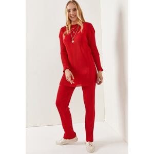 Olalook Women's Red Top Slit Blouse Bottom Palazzo Corduroy Suit
