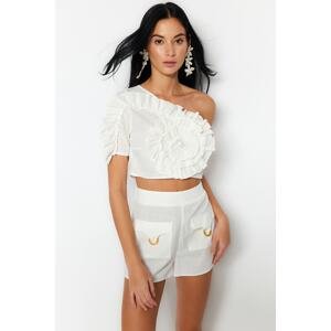 Trendyol Ecru Crop Weave Ruffled One-Shoulder 100% Cotton Blouse