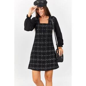 armonika Women's Black Plaid Square Collar Long Sleeve Dress