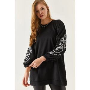 armonika Women's Black Round Neck Sleeve Embossed Sweatshirt