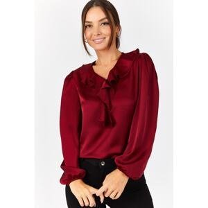 armonika Women's Burgundy Cotton Satin Blouse with Frilled Collar on the Shoulders and Elasticated Sleeves