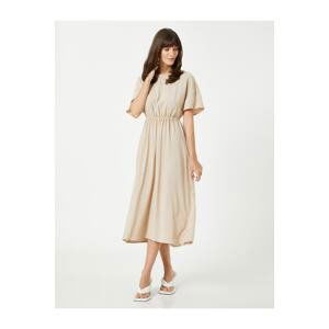 Koton Midi Length Dress with Short Sleeves, Gathering Waist, Linen-Mixed