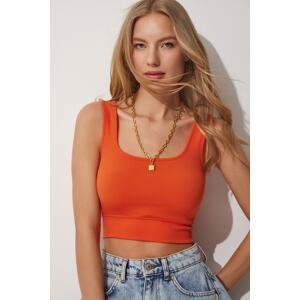 Happiness İstanbul Women's Orange Square Neck Strap Corded Crop Blouse