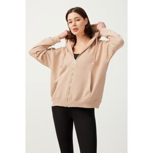 LOS OJOS Women's Beige Hooded Oversized Rayon Zipper Knitted Sweatshirt.