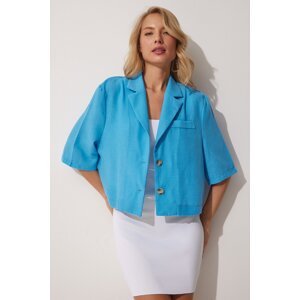 Happiness İstanbul Women's Blue Shawl Collar Summer Linen Jacket