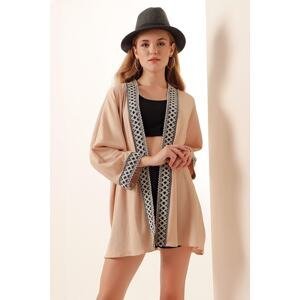 Bigdart 05866 Embroidered Knitted Kimono - Biscuit