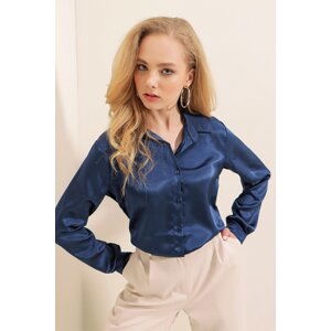 Bigdart 3964 Lightly Flowy Satin Shirt - Navy Blue