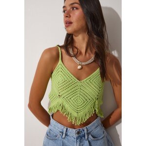 Happiness İstanbul Women's Pistachio Crop Knitwear Blouse with Tassels and Openwork