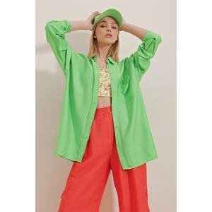 Trend Alaçatı Stili Women's Green One Pocket Oversized Cotton Linen Shirt