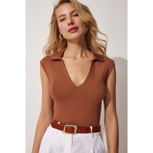 Happiness İstanbul Women's Tan Polo V-Neck Flowy Knitted Blouse