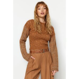 Trendyol Camel Crop Soft Textured Openwork/Perforated Blouse Sweater Knitwear Suit